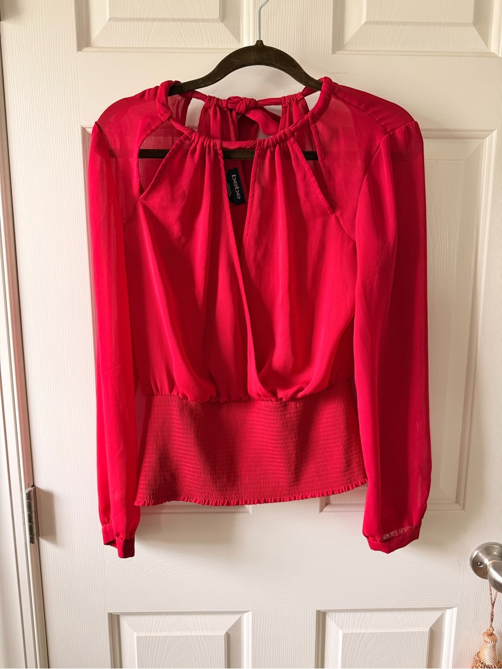 bebe Red Long-Sleeve Tie-Neck Blouse